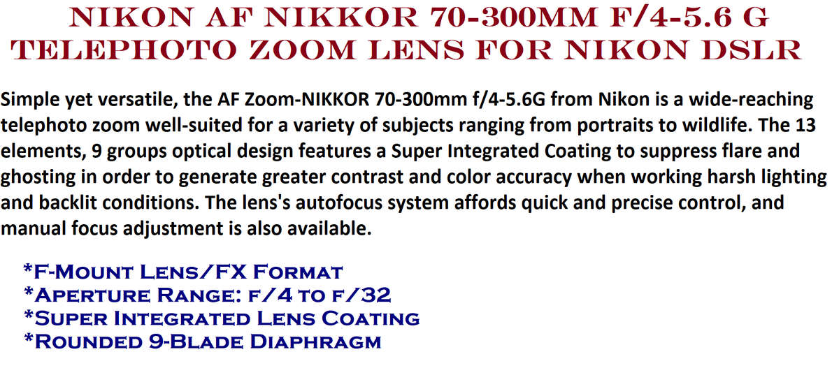 Nikon AF Nikkor 70-300mm f/4-5.6 G Telephoto Zoom lens for Nikon DSLR Cameras