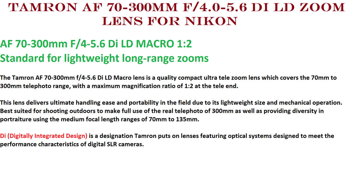 Tamron A F 70-300mm f/4.0-5.6 Di LD Macro Zoom Lens with Built in Motor for Nikon Digital SLR