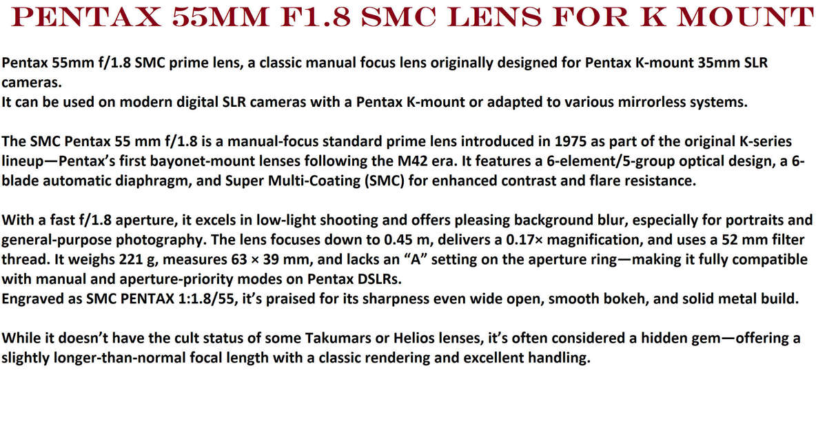 Pentax 55mm f1.8 SMC Standard Lens For K Mount
