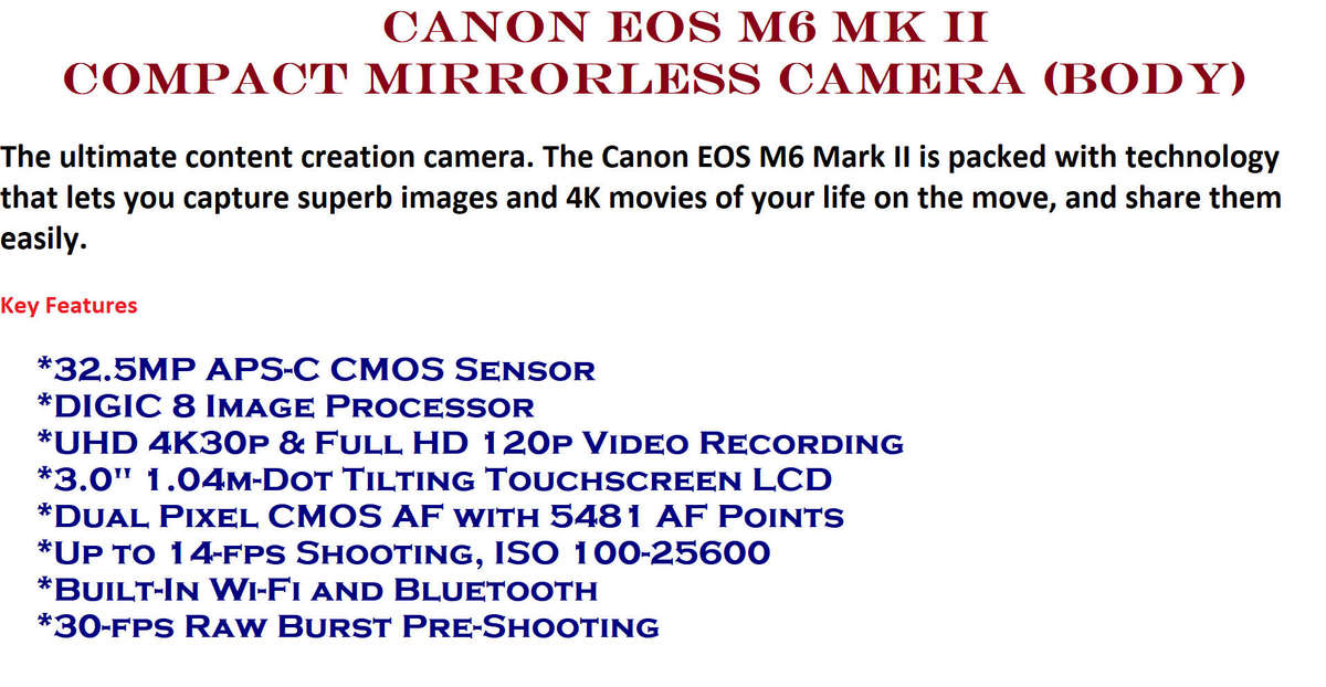 Canon EOS M6 Mk II Compact Mirrorless Camera (BODY)