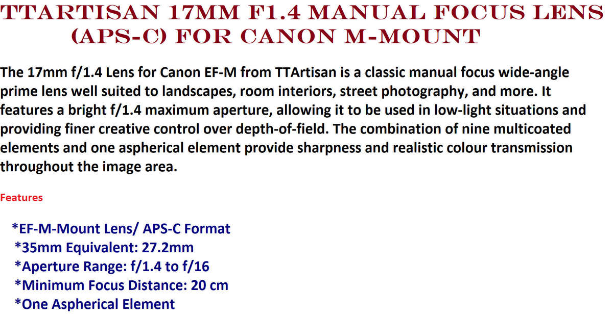 TTArtisan 17mm F1.4 Manual Focus Lens (APS-C) (Black) for Canon M-Mount