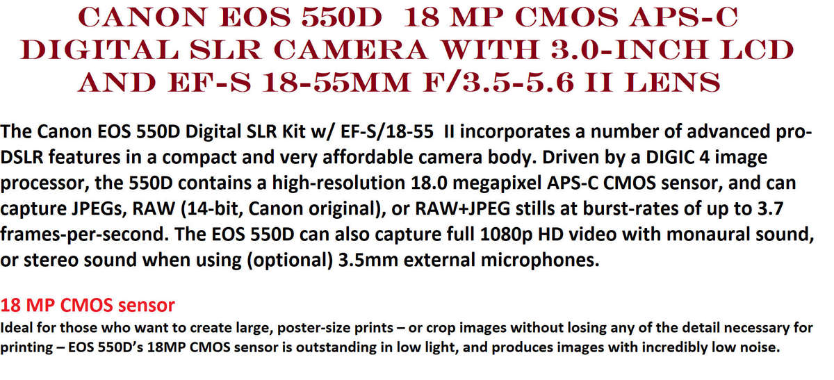 Canon EOS 550D  18 MP CMOS APS-C Digital SLR Camera with 3.0-Inch LCD and EF-S 18-55mm f/3.5-5.6 III
