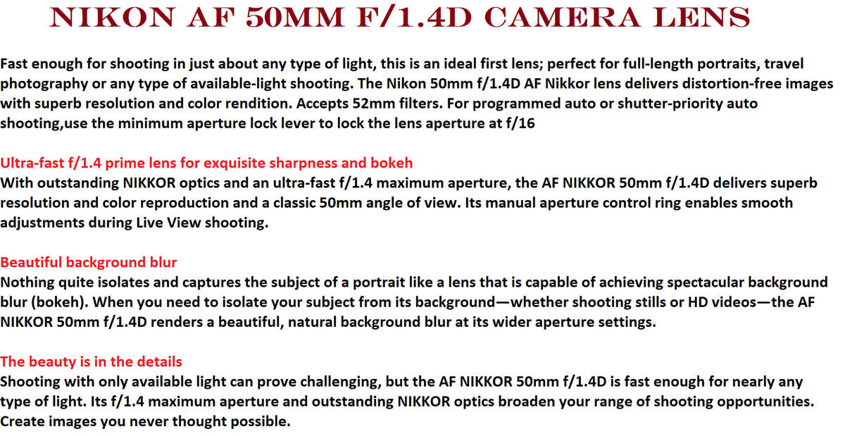 Nikon AF Nikkor 50mm f/1.4D Camera Lens
