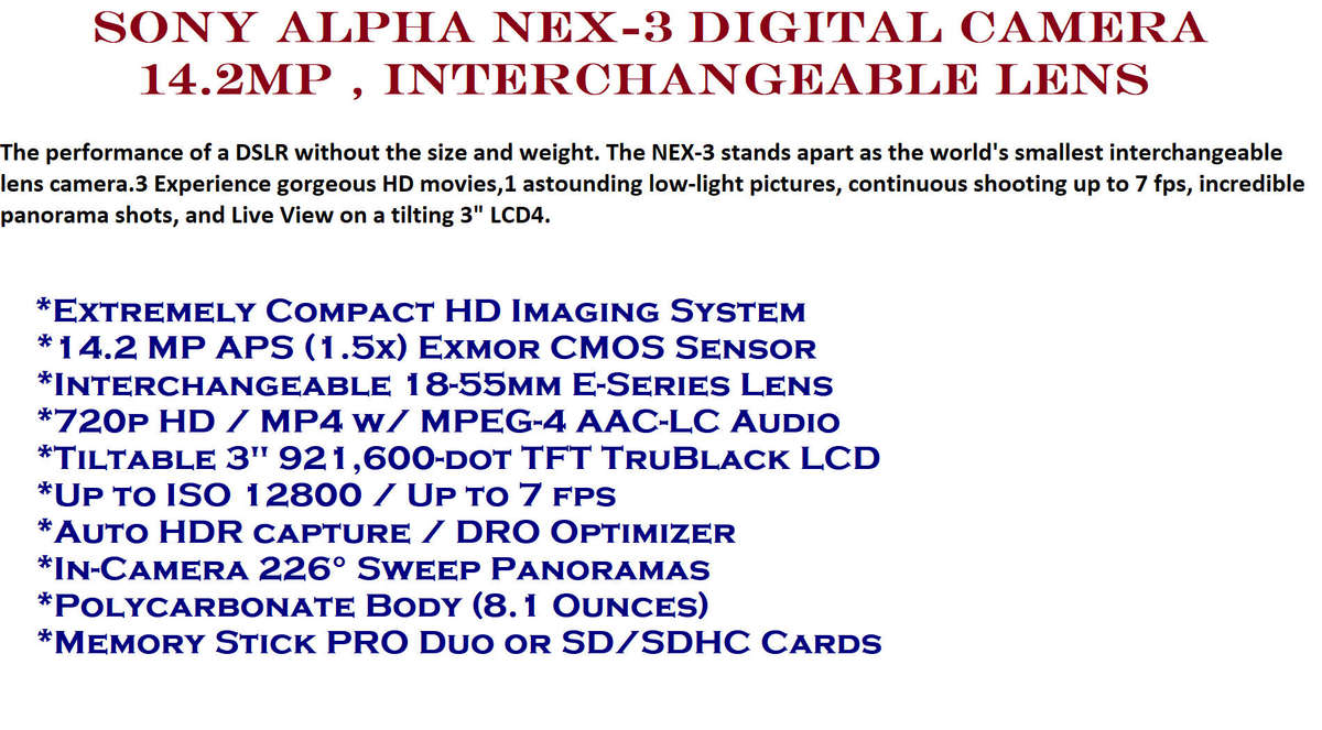 Sony Alpha NEX-3 Digital Camera 14.2MP , Interchangeable Lens Digital Camera