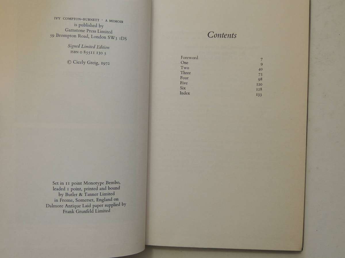 Ivy Compton-Burnett: A Memoir - Cicely Greig   Signed Limited Edition 7/100