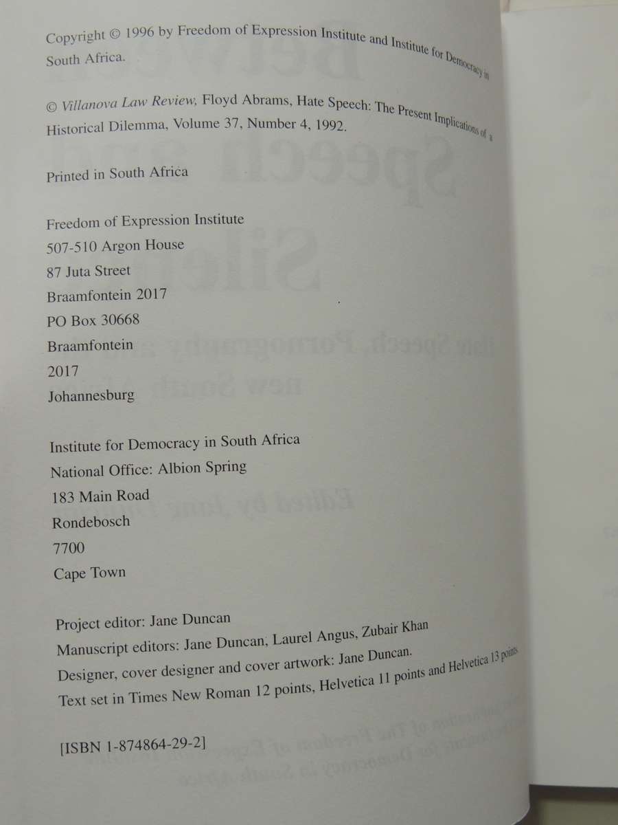 Between Speech And Silence: Hate Speech, P*rn*graphy And The New South Africa - ed Jane Duncan