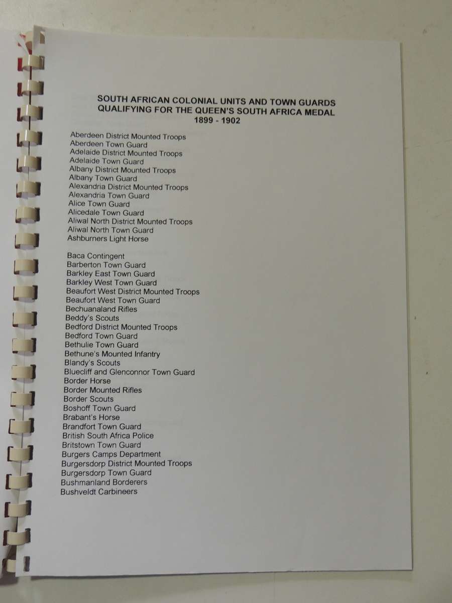 South African Colonial Units And Townguards That Qualified For The Queen's South Africa Medal