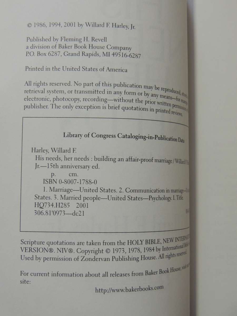 His Needs Her Needs: Building An Affair-Proof Marriage- Willard F. Harley, Jr.