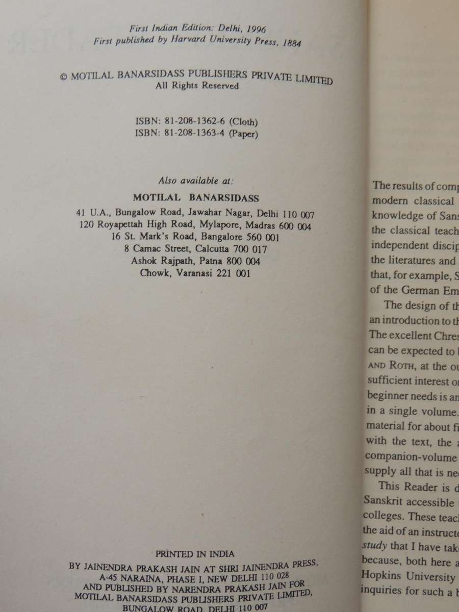 A Sanskrit Reader: Text And Vocabulary And Notes- Charles Rockwell Lanman