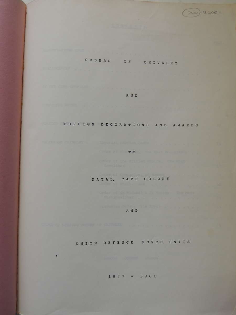 Orders Of Chivalry, Foreign Decorations And Awards To Natal, Cape Colony And Union Defence Forces