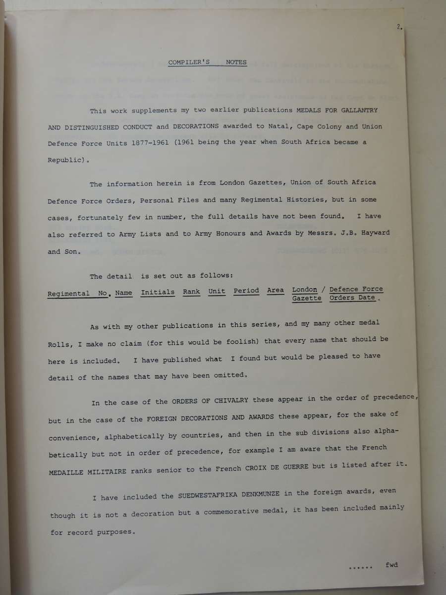 Orders Of Chivalry, Foreign Decorations And Awards To Natal, Cape Colony And Union Defence Forces