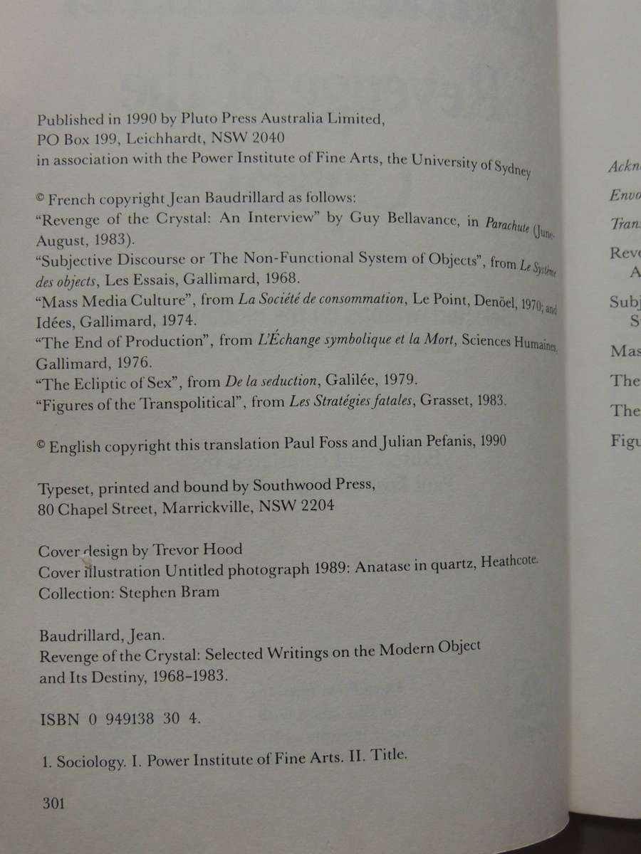 Revenge Of The Crystal: Selected Writings On The Modern Object & Its Destiny, 1968-83Jean Baudrilla