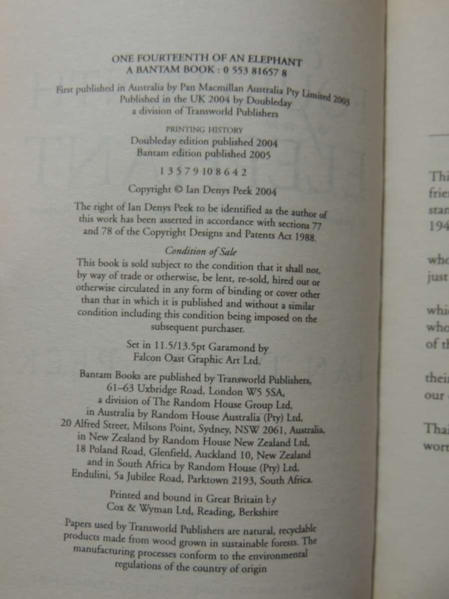 One Fourteenth Of An Elephant: A Memoir Of Life And Death On The Burma-Thailand And Railway Ian Deny