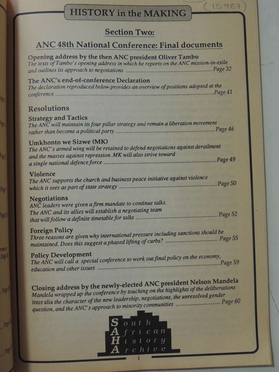 History In The Making: Documents Reflecting A Changing South Africa - July 1991 Vol 1 No 6