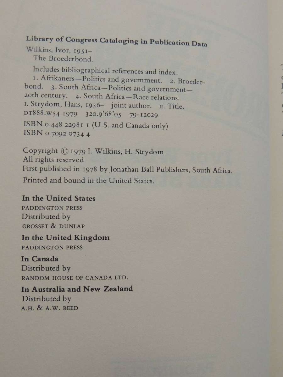 The Broederbond (1st US Edition) - Ivor Wilkins & Hans Strydom