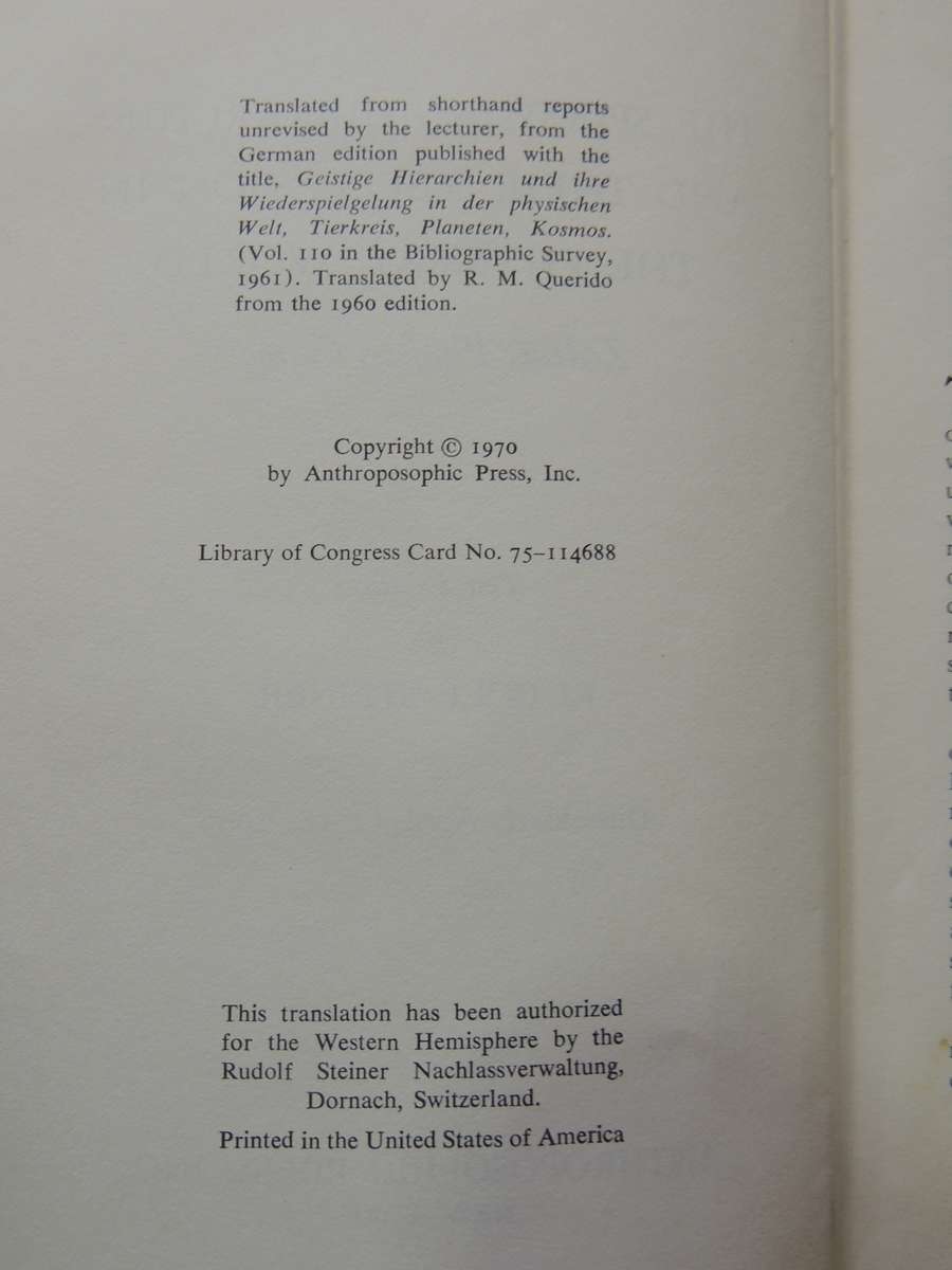 The Spiritual Hierarchies, Reflection in Physical World, Ten Lectures Dusseldorf 1909Rudolf Steiner