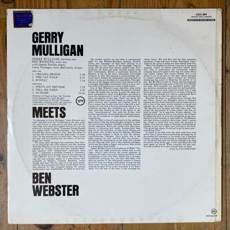 Gerry Mulligan/Ben Webster - Gerry Mulligan Meets Ben Webster LP/Album (1976 SA reissue) VG+/VG+