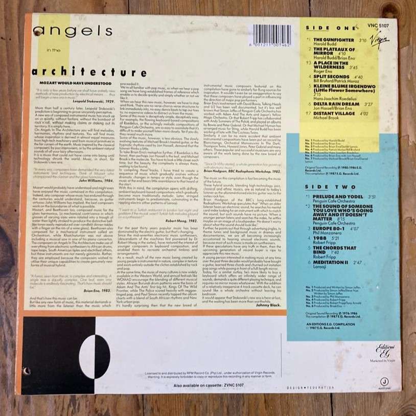 Various - Angels In the Architecture LP/Comp. (1987 SA press) VG+/VG [Eno, Laraaji, Fripp, Budd]