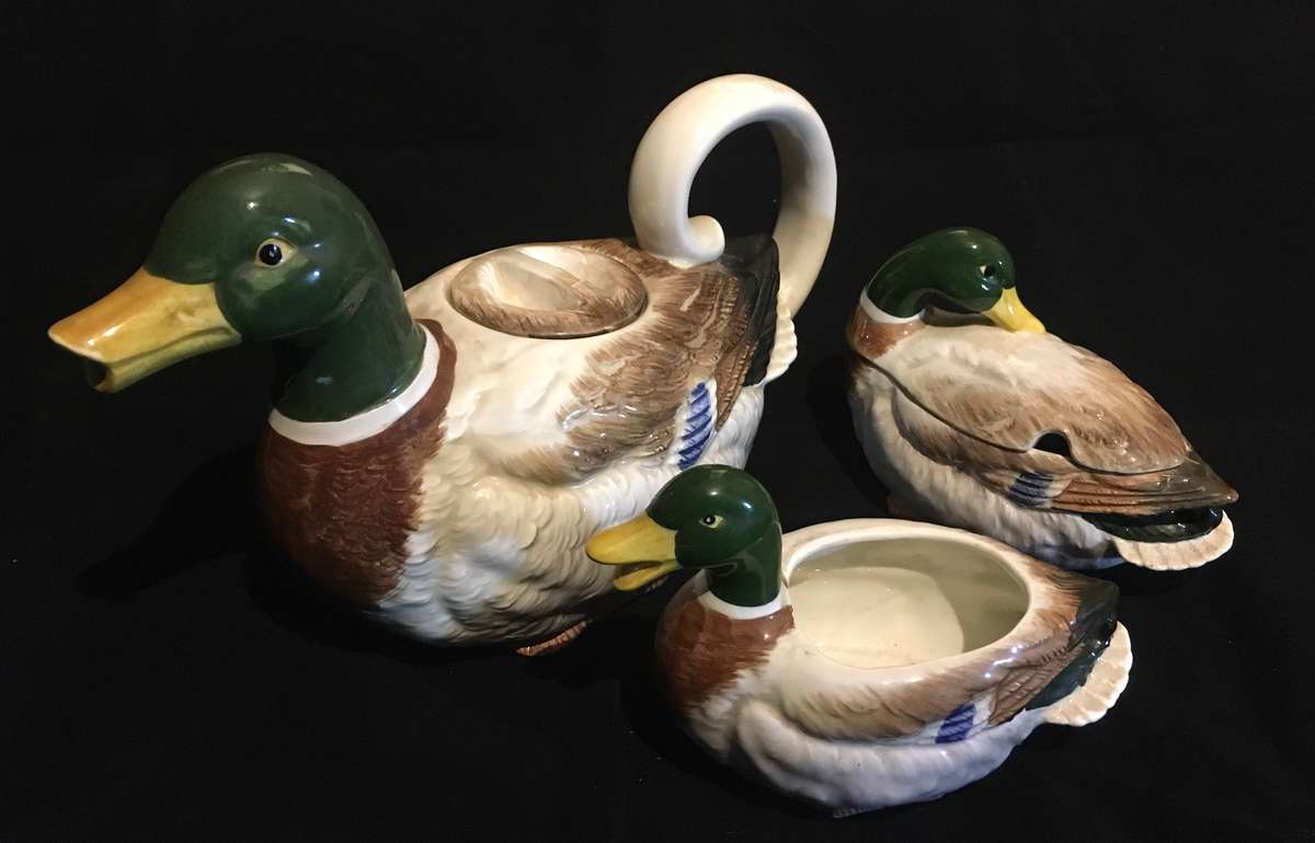 Otagiri hand painted Mallard duck teapot, creamer and sugar bowl