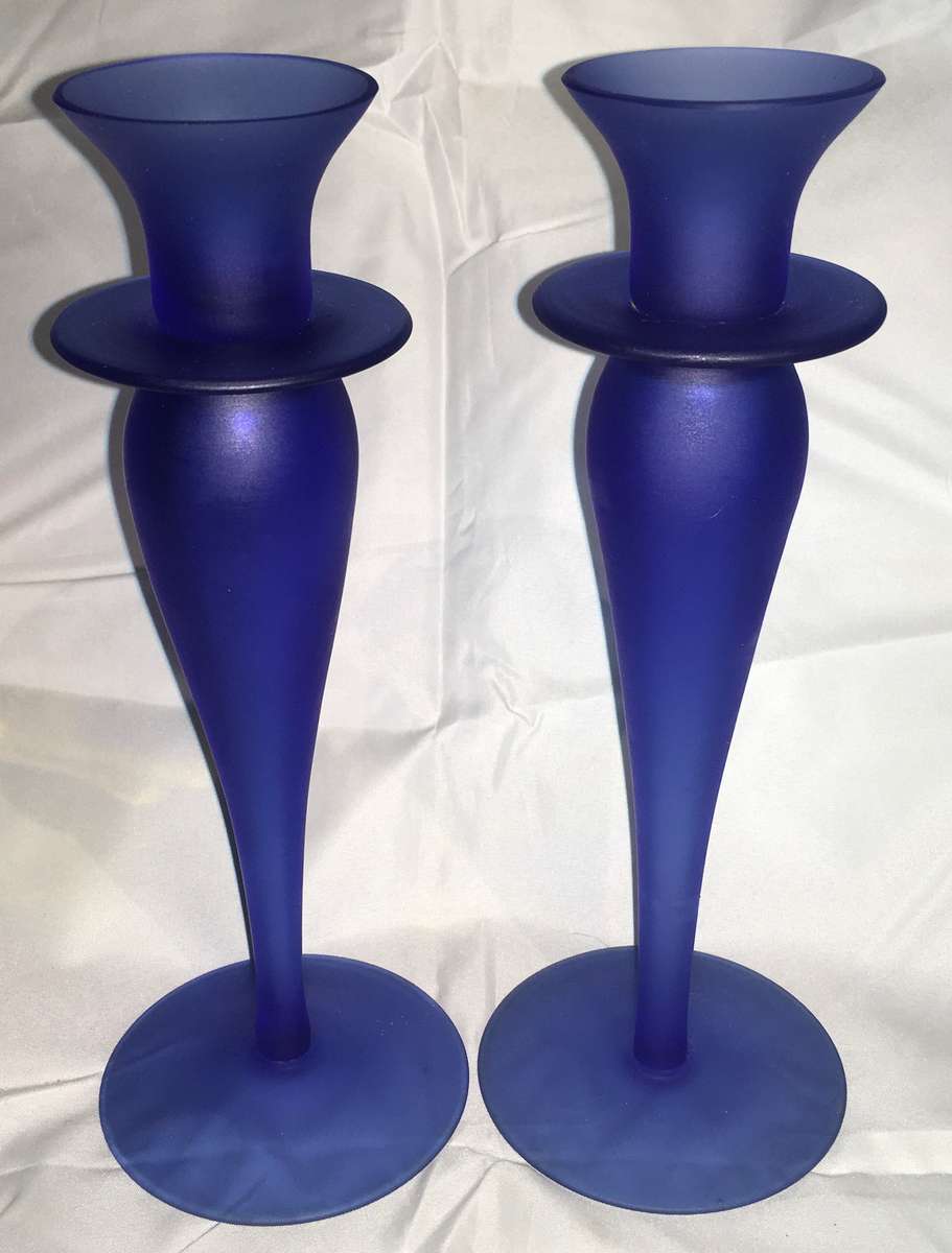 Candlesticks - pair - cobalt blue frosted glass