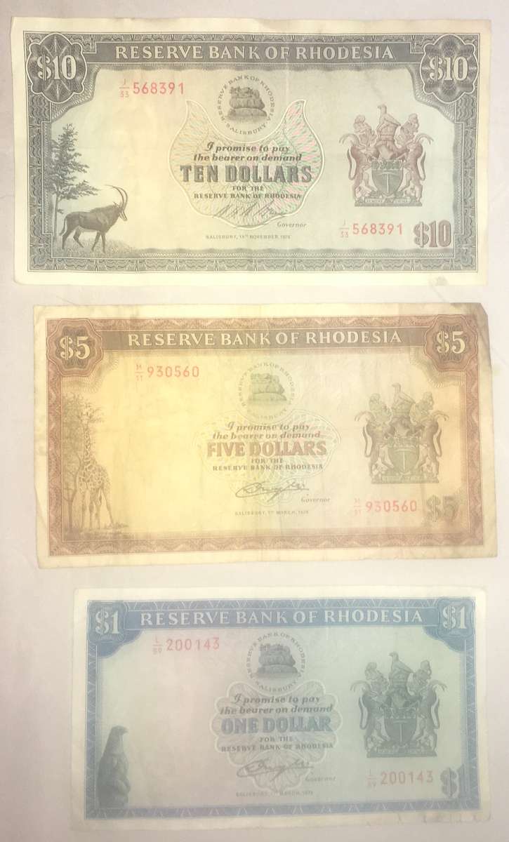 Rhodesia 1, 5 and 10 dollar 1976 notes