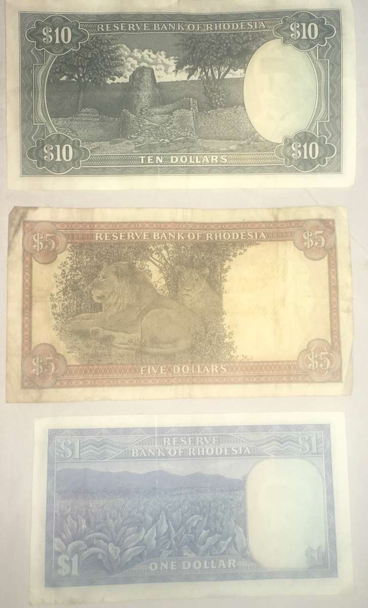 Rhodesia 1, 5 and 10 dollar 1976 notes