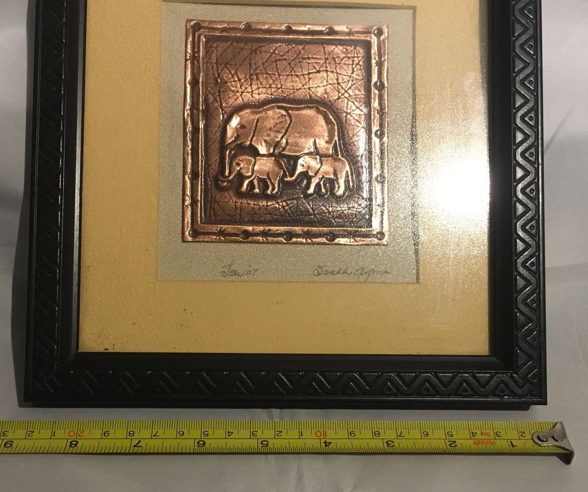 Elephants: mother and babies on a copper plate.  Framed portrait.