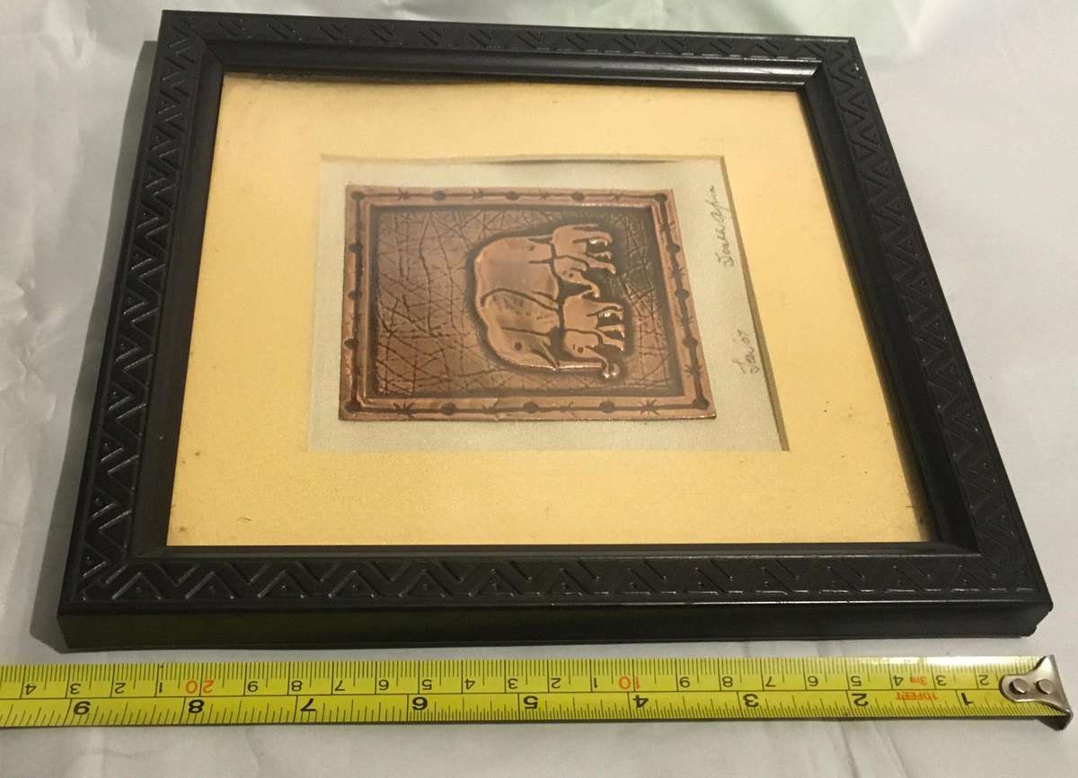 Elephants: mother and babies on a copper plate.  Framed portrait.