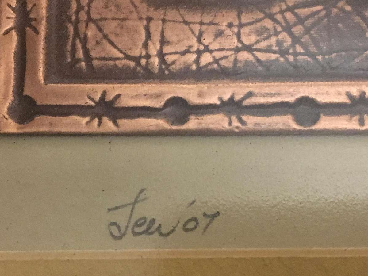 Elephants: mother and babies on a copper plate.  Framed portrait.