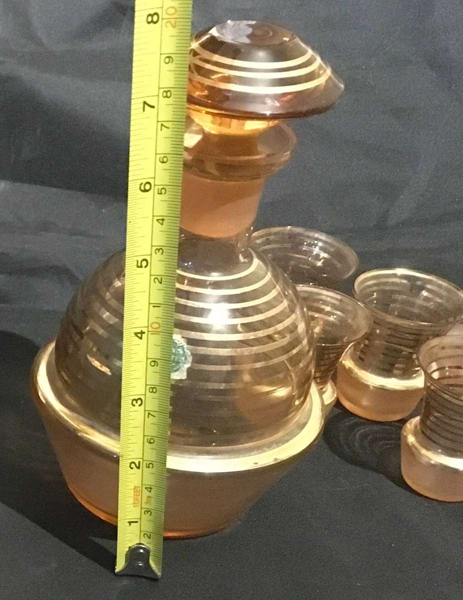 Liqueur set. 5 glasses with decanter. Amber. Hand painted. Vintage