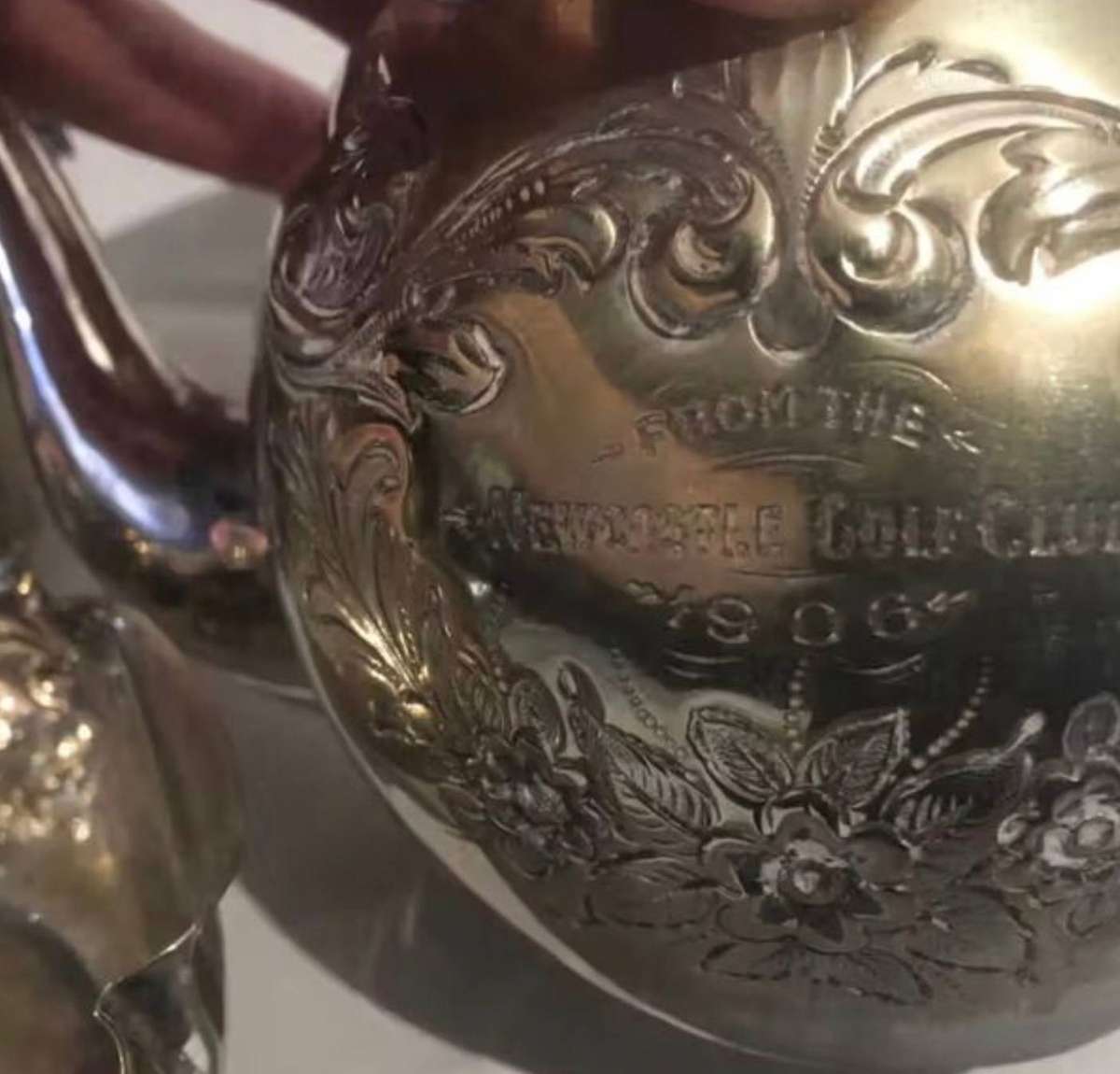 EPNS antique kettle, creamer and milk jug set on tray, 1906