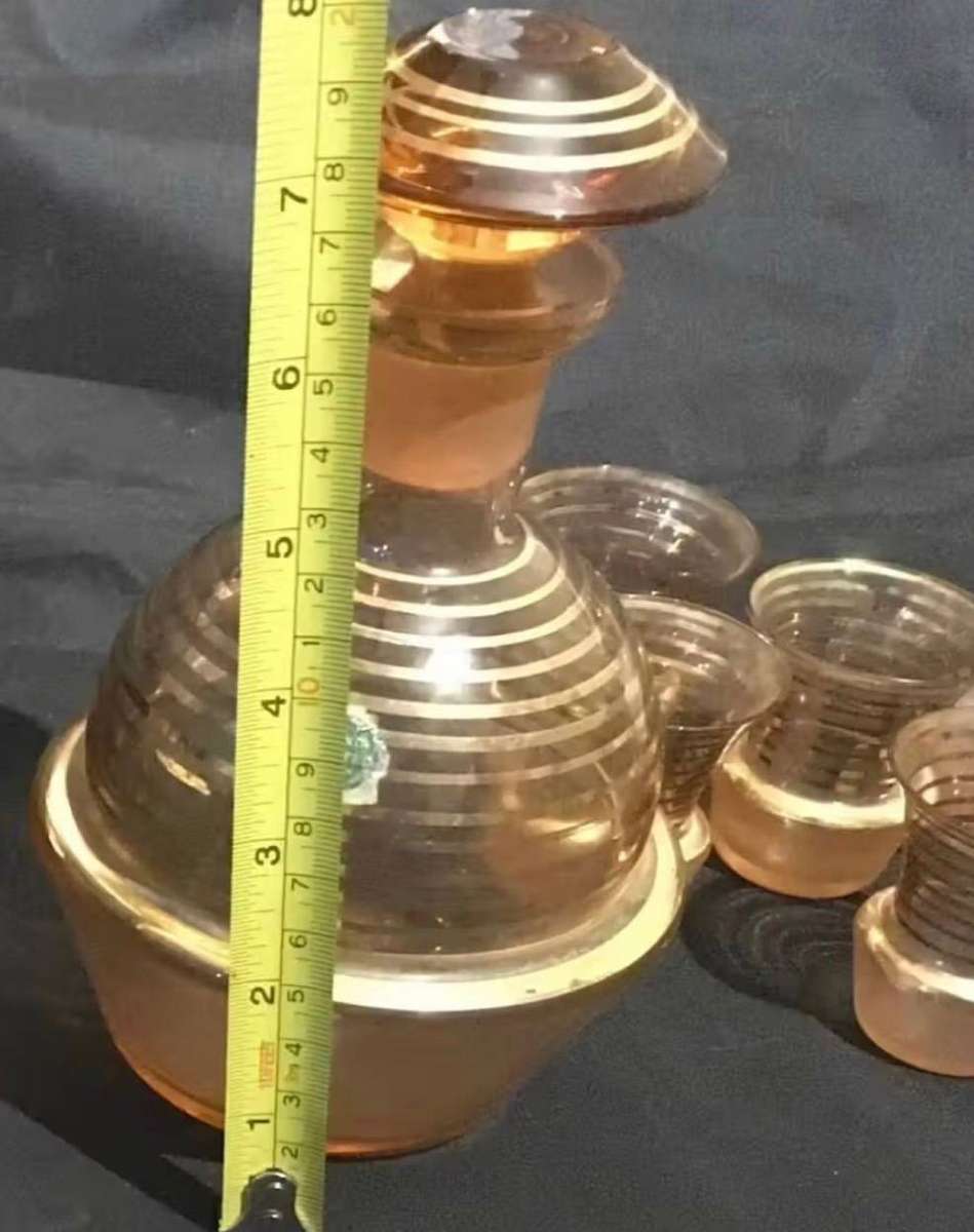 Amber hand-painted vintage glassware set with decanter and 5 glasses