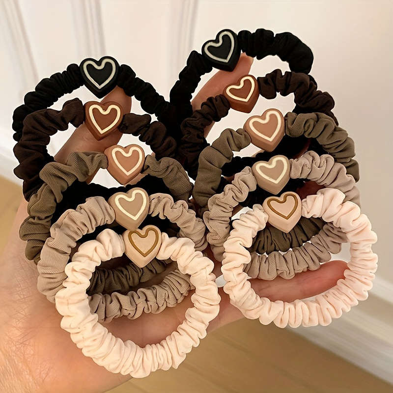 5pcs Vintage Style Fabric Hair Ties With Love Pendants