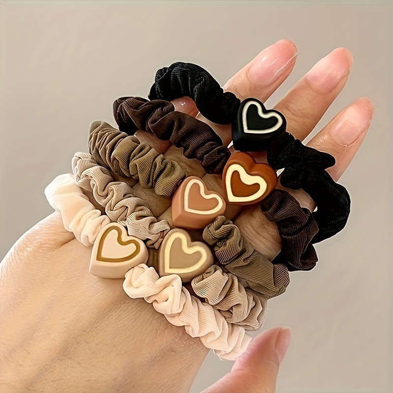 5pcs Vintage Style Fabric Hair Ties With Love Pendants