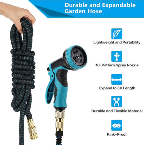 Extendable 30 m Garden Hose, Kink-Free, With 10-Function Nozzle