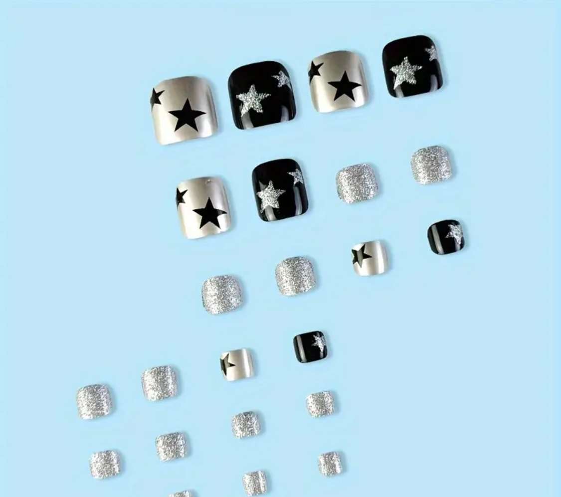 24 piece Black & Silver Star Press On Toenails
