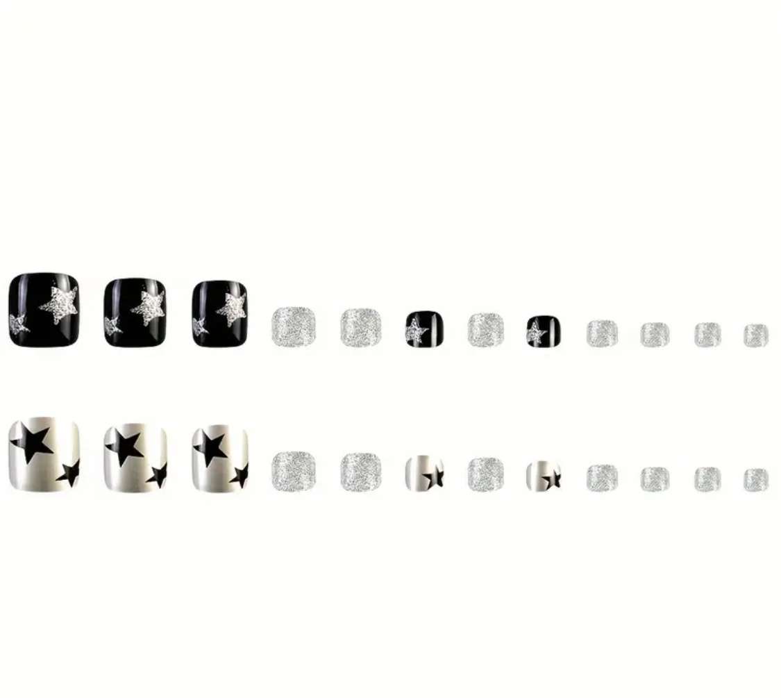24 piece Black & Silver Star Press On Toenails