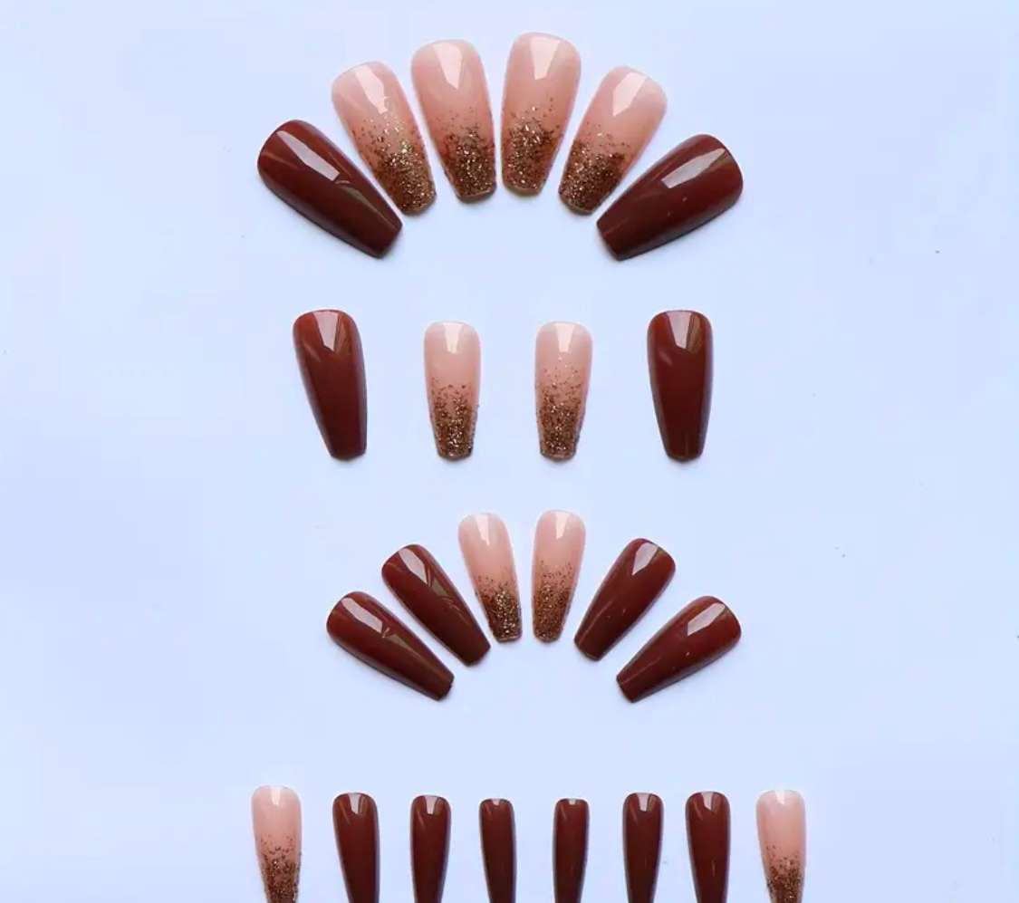 24 Piece Long Ballet Artificial Nails - Golden Glitter Brown