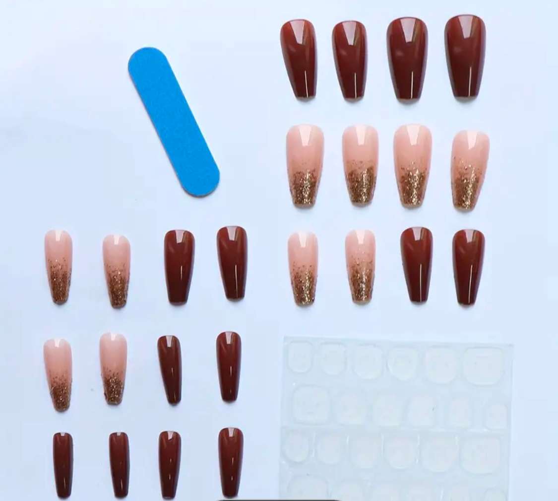 24 Piece Long Ballet Artificial Nails - Golden Glitter Brown