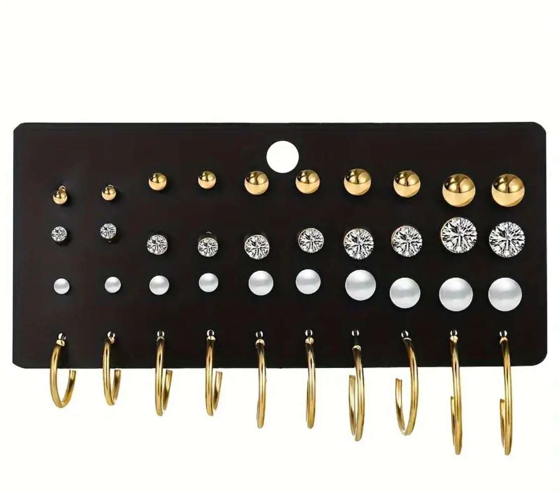 Cubic Zirconia, Pearl, Minimalist & Dangle Stud Earring Set - 20 Pairs