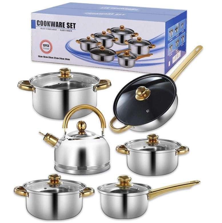 Durable 12-Piece Cookware Set With Gold Handle (With Whistling Kettle)