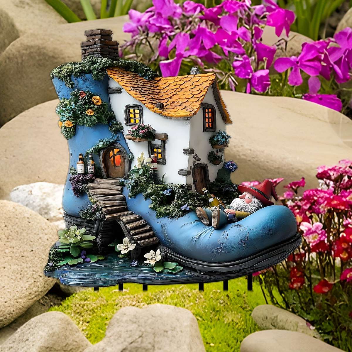 1 Piece Fairy Boot House Garden Sculpture - Acrylic Bohemian Dwarf Decoration With Led Lights