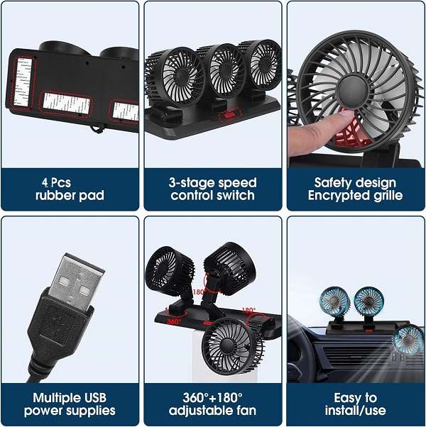 Car Cigarette Lighter Powered Three-Head Fan