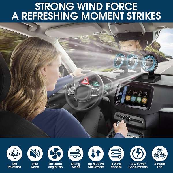Car Cigarette Lighter Powered Three-Head Fan