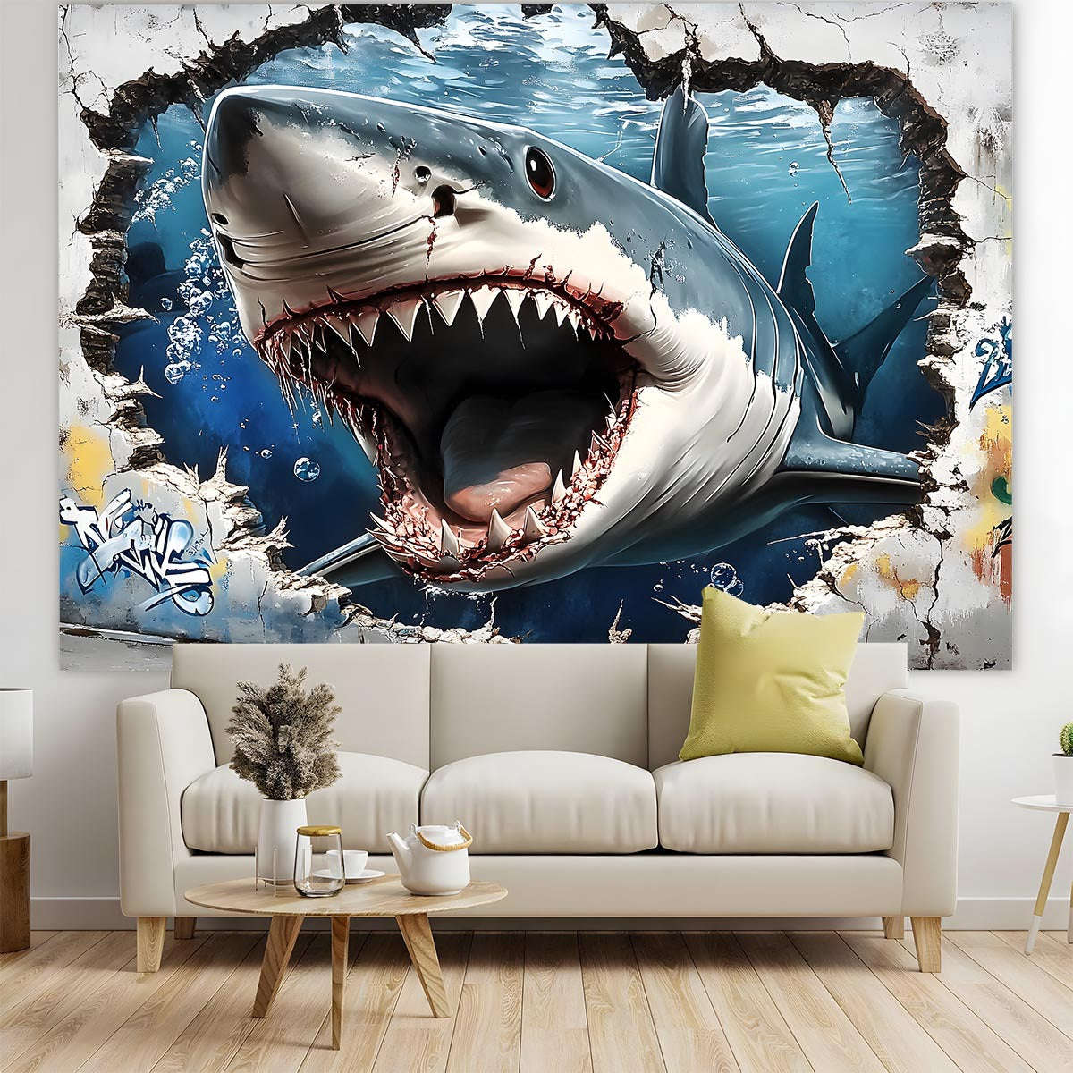 1pc Giant 3D Shark Wall Sticker, Polyester Easy Hang Background Banner