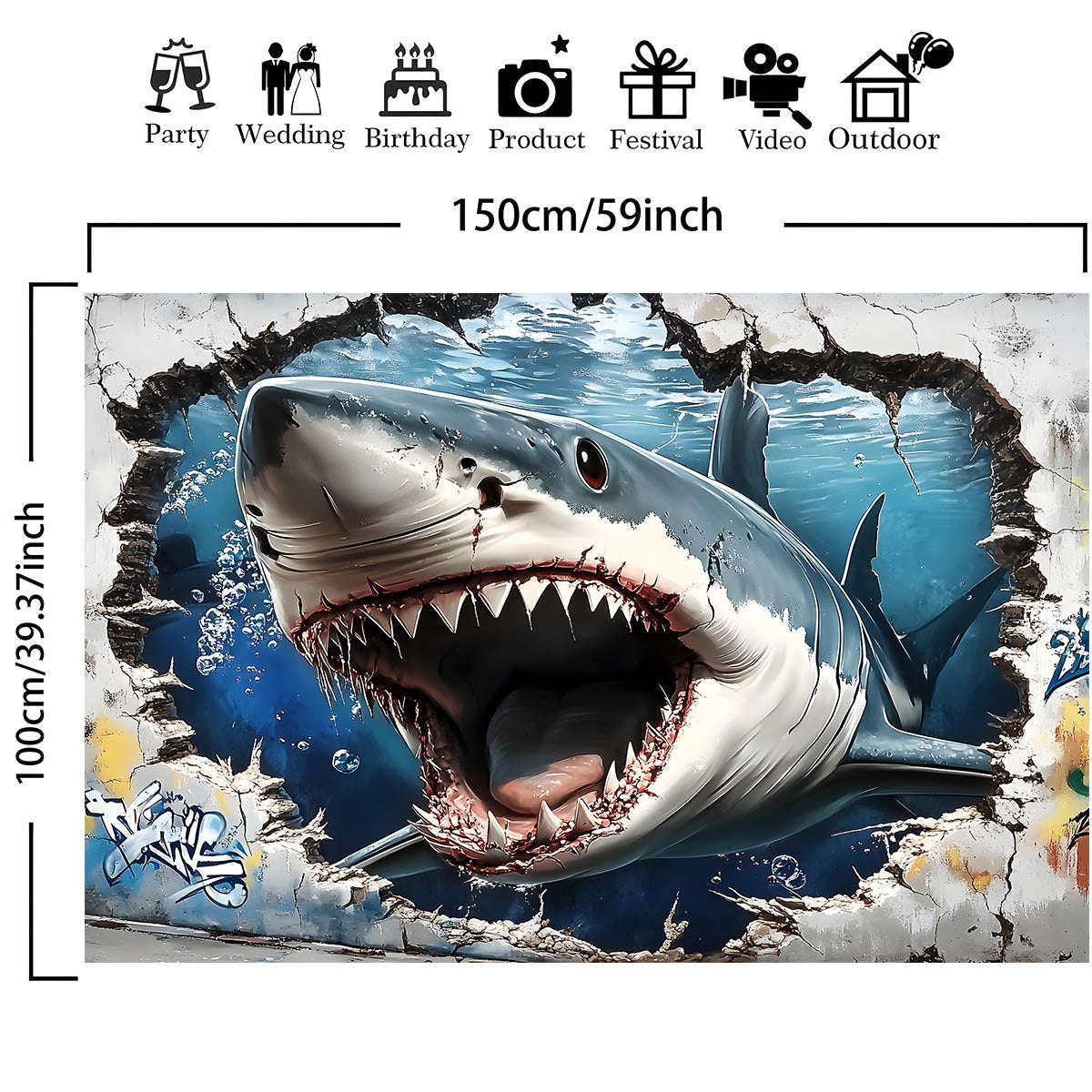 1pc Giant 3D Shark Wall Sticker, Polyester Easy Hang Background Banner