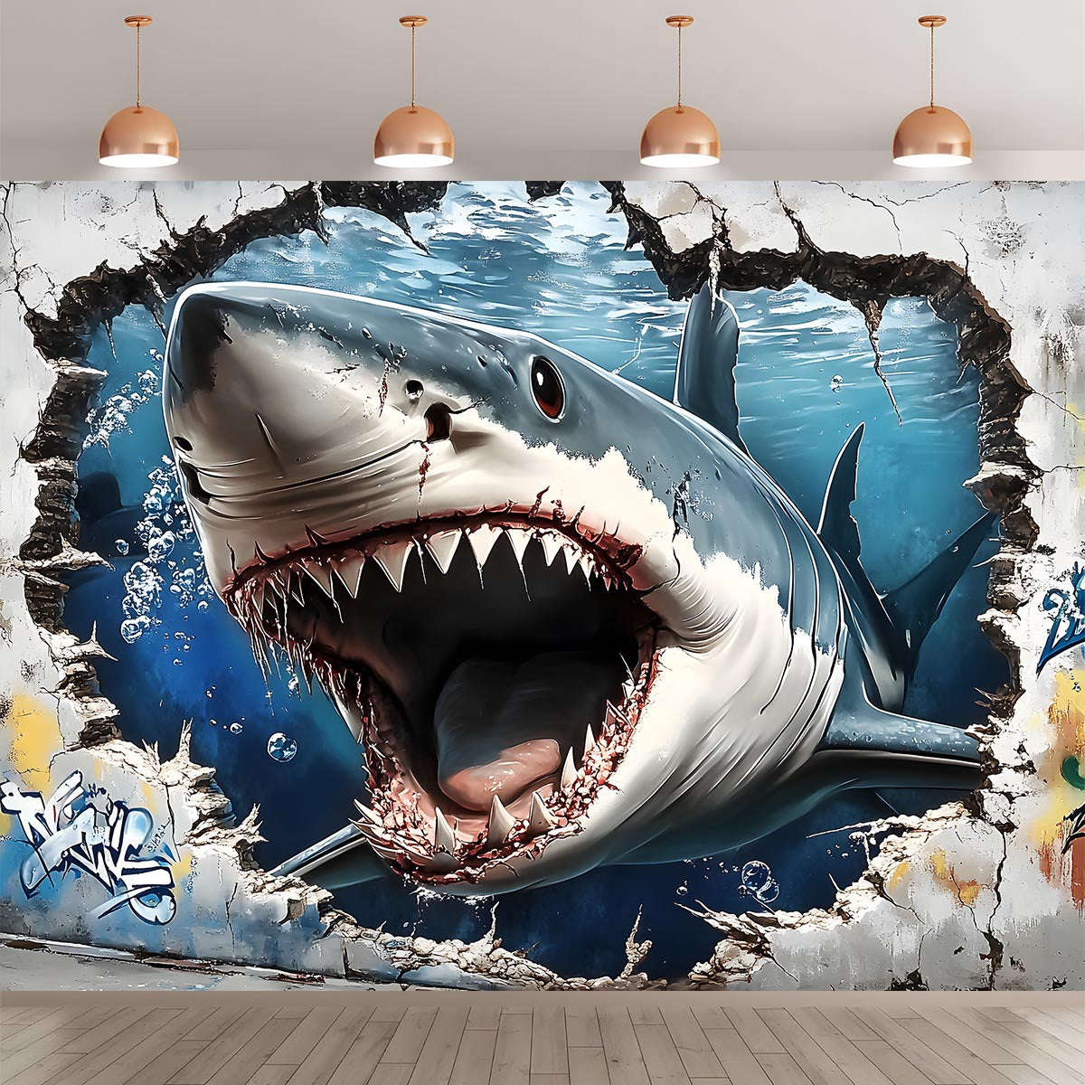 1pc Giant 3D Shark Wall Sticker, Polyester Easy Hang Background Banner