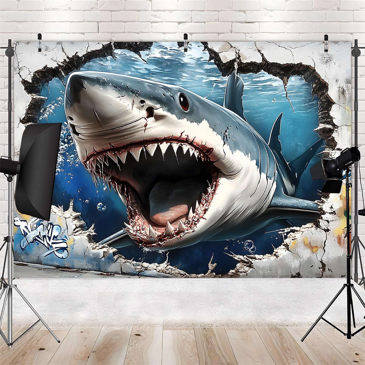 1pc Giant 3D Shark Wall Sticker, Polyester Easy Hang Background Banner