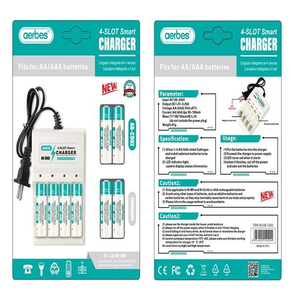 220V 4-Slot Aa And Aaa Battery Charger Kit With 4 Aa Rechargeable Batteries