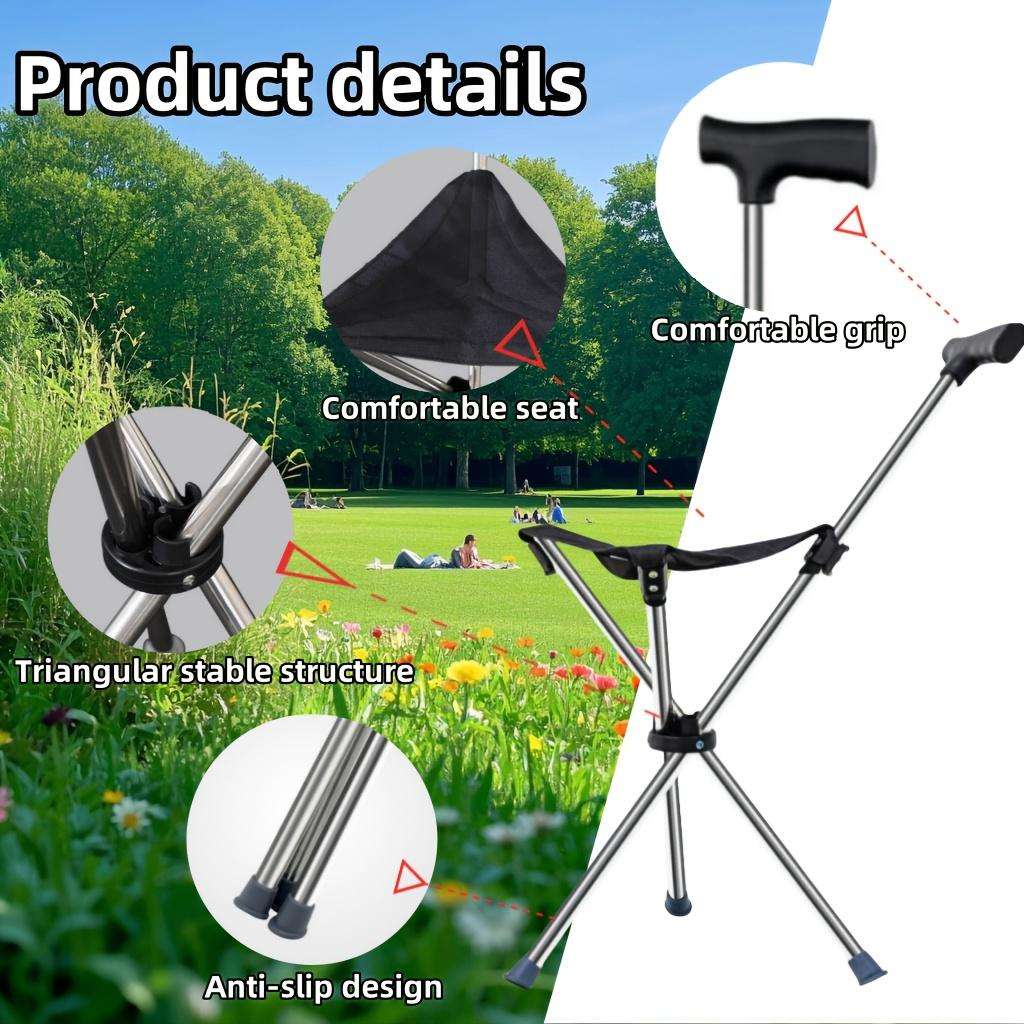 1 Piece 2-In-1 Folding Walking Stick And Stool